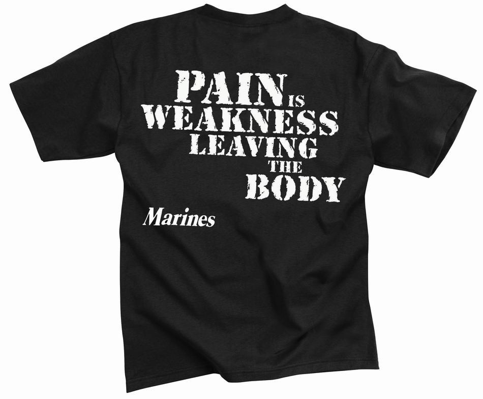 Майка ROTHCO Мод. MILITARY PRINT 2-SIDED "MARINES PAIN IS WEAKNESS" (короткий рукав)(poly/cotton)(Black) — одежда для охоты, рыбалки, туризма и города | KORGAN.KZ