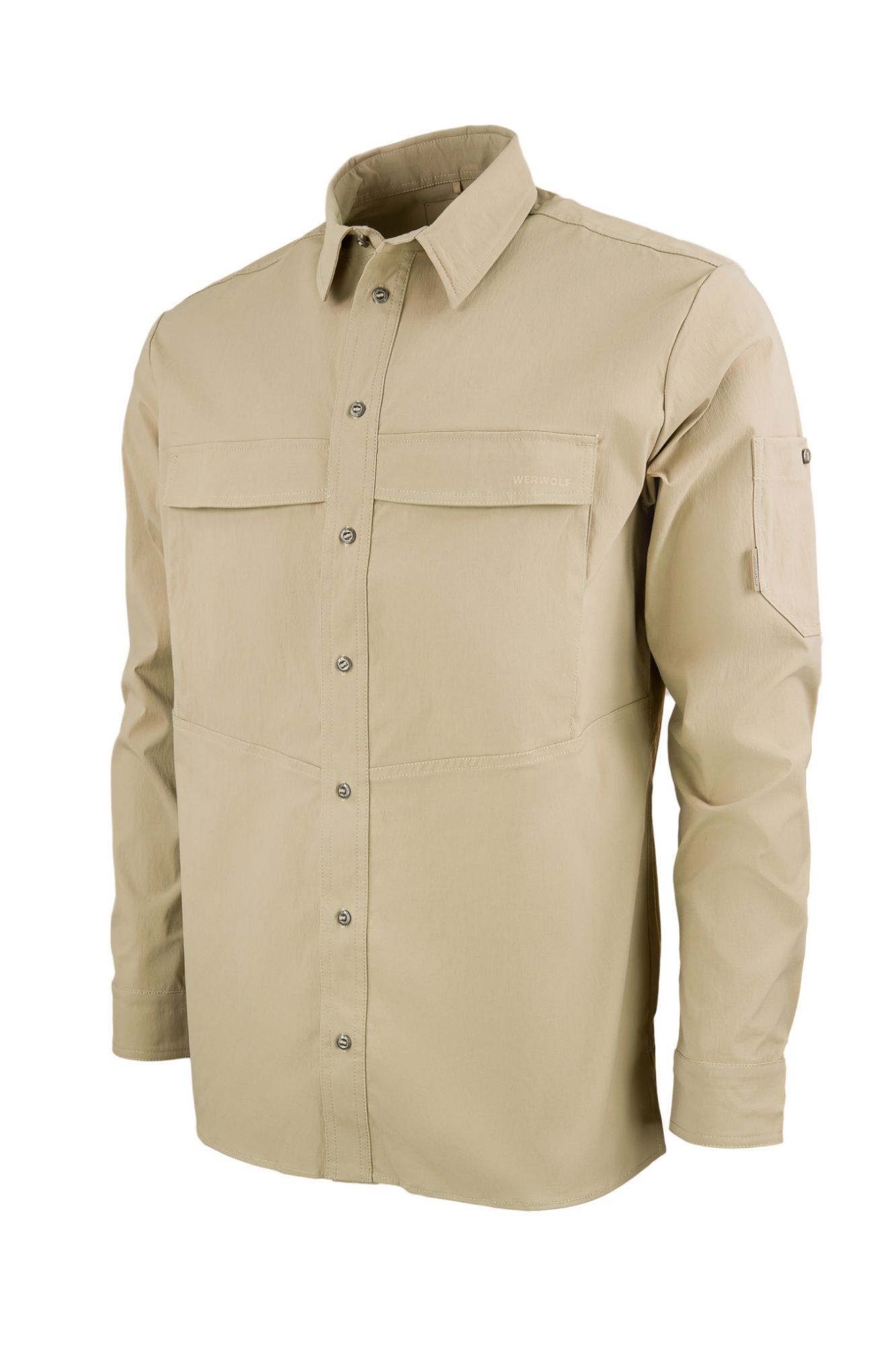 Рубашка-ветровка мужская "Discovery". Ткань софт-шелл микро рип-стоп (96% нейлон, 4% эластан). DWR. Песок — одежда для охоты, рыбалки, туризма и города | KORGAN.KZ