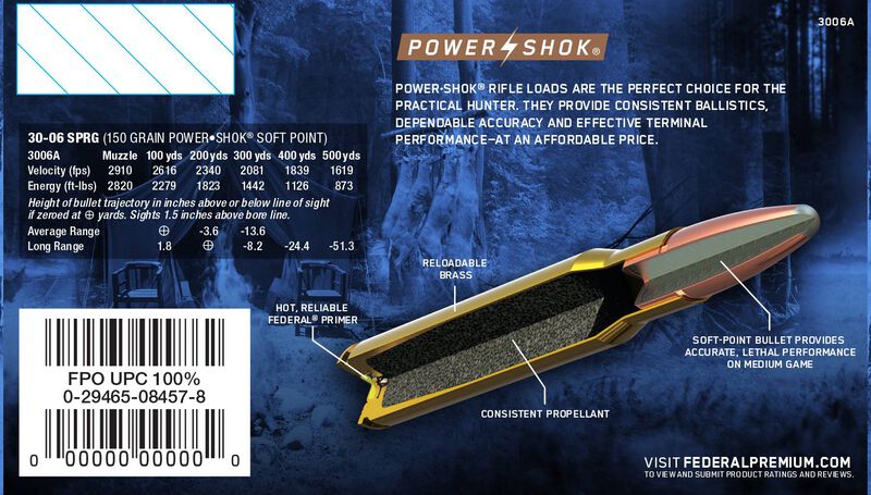 Купить Патрон для нарезного оружия FEDERAL (.30-06 Sprg.) POWER-SHOK (SP)(150grs)(9,72г) в Алматы | Казахстан | Корган Центр