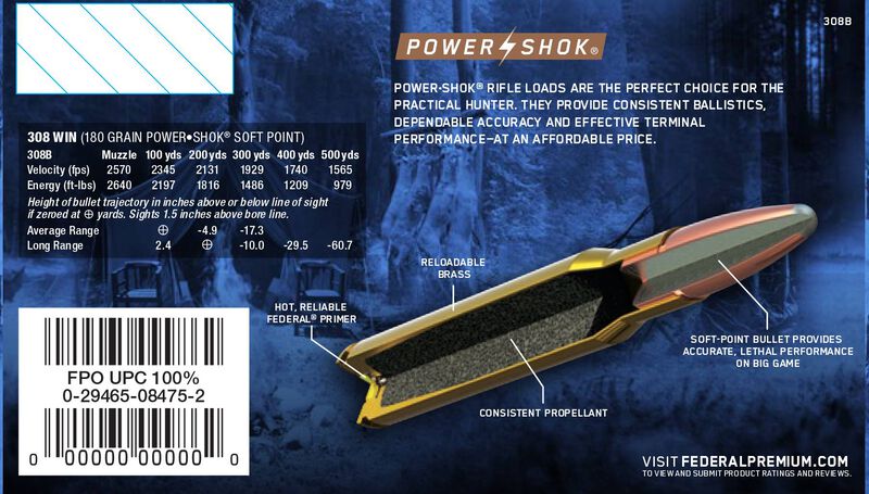 Купить Патрон для нарезного оружия FEDERAL (.308 Win.) POWER-SHOK (SP)(180grs)(11,66г) в Алматы | Казахстан | Корган Центр