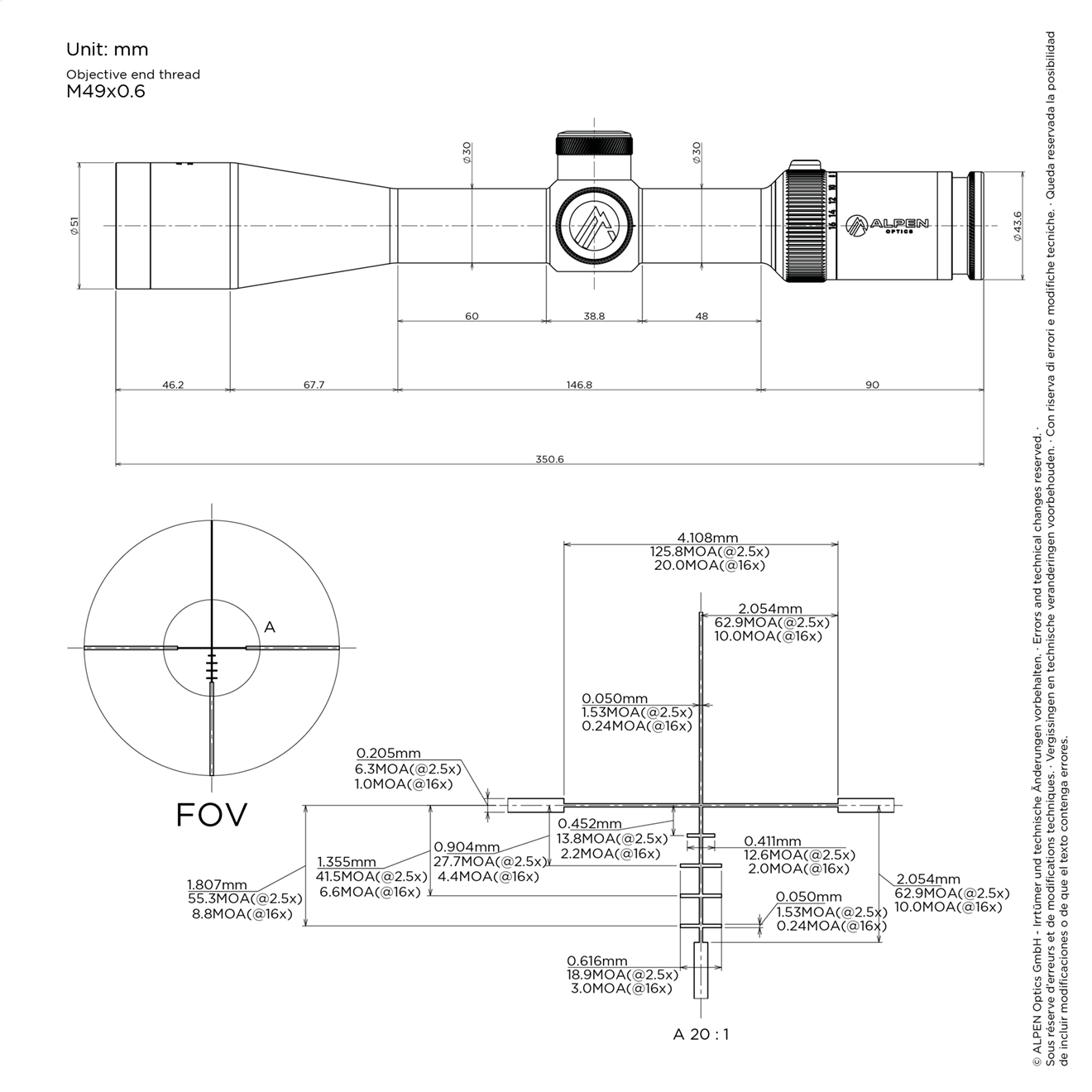 Technical drawing 2.5–16x42 BDC – ALPEN
