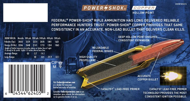 Купить Патрон для нарезного оружия FEDERAL (.300 Win.Mag.) POWER-SHOK COPPER (CHP)(180grs)(11,66г) в Алматы | Казахстан | Корган Центр