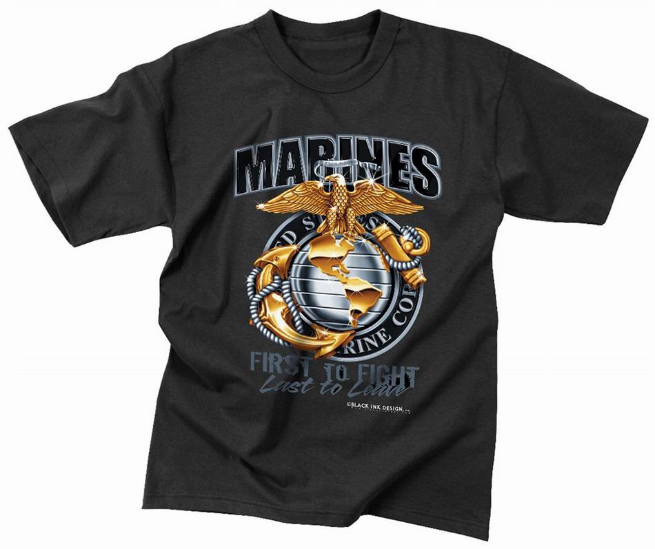 Майка ROTHCO Мод. MILITARY GRAPHIC "MARINES FIRST TO FIGHT" (короткий рукав)(100% cotton)(Black) — одежда для охоты, рыбалки, туризма и города | KORGAN.KZ
