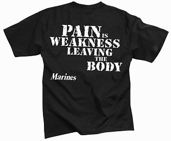 Майка ROTHCO Мод. MILITARY PRINT 2-SIDED "MARINES PAIN IS WEAKNESS" (короткий рукав)(poly/cotton)(Black) — характеристики, материалы и назначение | KORGAN.KZ