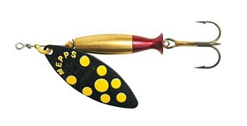 Блесна MEPPS AGLIA LONG HEAVY (black/yellow dots-gold/red) — купить блесну в Алматы | KORGAN