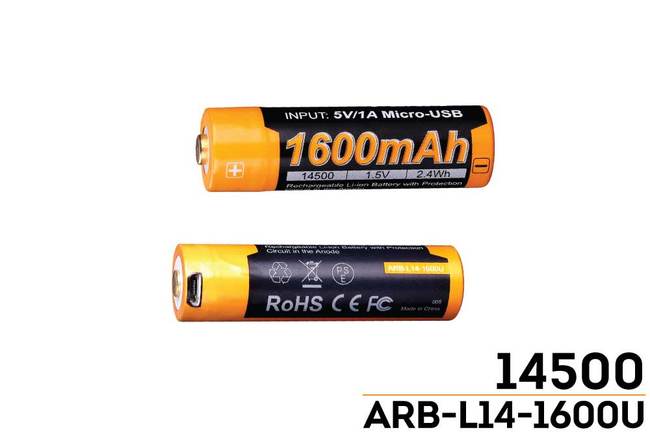 Аккумулятор (Li-ion) FENIX Мод. ARB-L14-1600U 14500 (1.5V)(1600mAh)(PCB)(зарядка от USB + зар.устройство)(альтернатива AA)